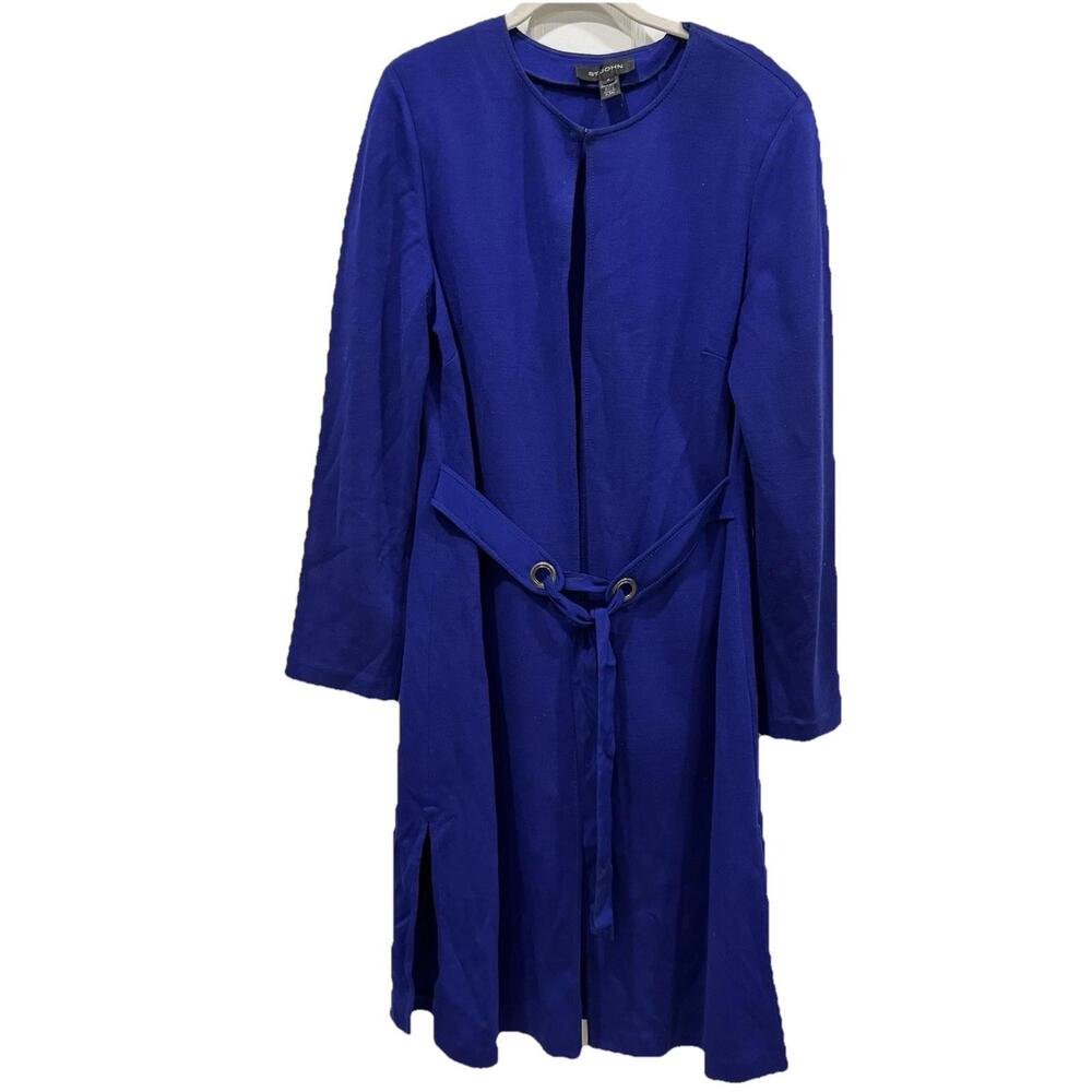 Women’s St. John Black Label Blue Long Cardigan Size 12 Wool Rayon Blend Tie